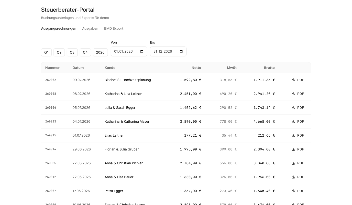 Steuerberater-Portal mit Ausgangsrechnungen, Ausgaben und BMD-Export